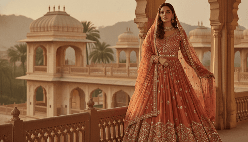 Woman in premium terracotta Anarkali suit